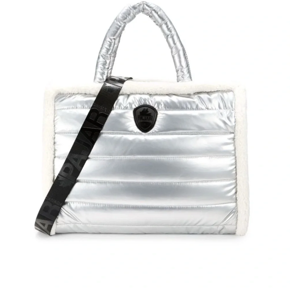 Women's White Faux Fur Trim Metallic Silver Quilted Tote - Picture 1 of 8